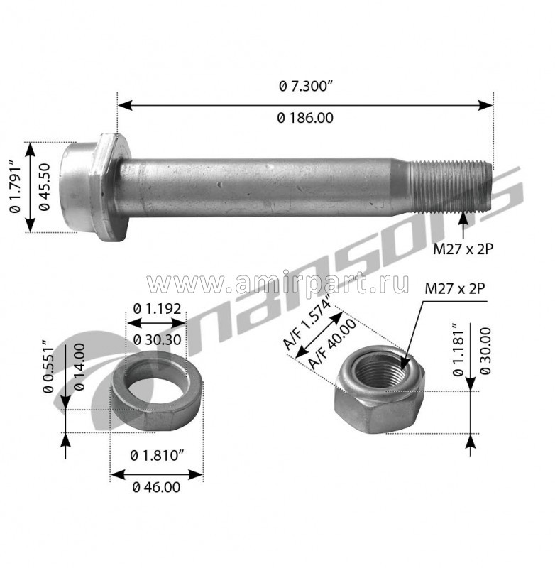 Болт М27х186 Q10.9 крепления полурессоры Schmitz S43.0076/Mansons 100.031 (с гайкой и шайбой) @85323