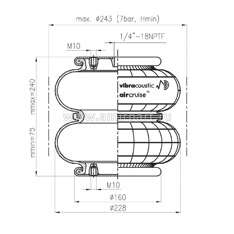 Пневморессора VSP2B12R10 (сильфон, 2-х секц.) ROR -60° VIBRACOUSTIC