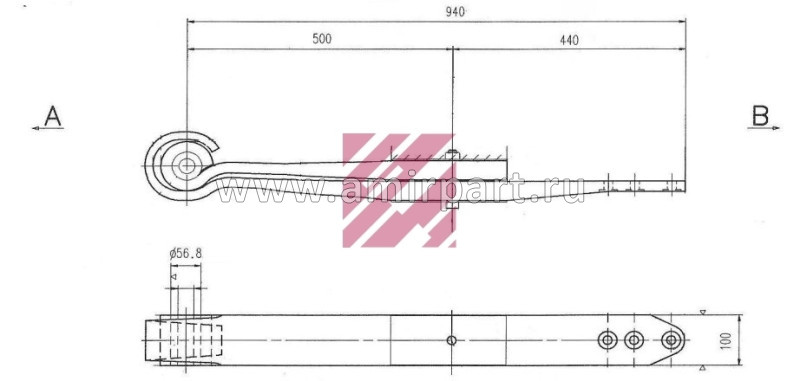 Полурессора BPW 2-листовая 940 мм 05.082.12.67.0 / Stellox 84-55619-SX
