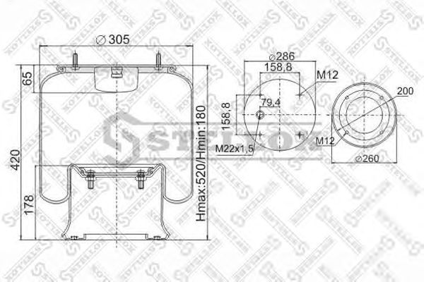 Пневмоподушка со стак!4шп.M12. 1отв.шт.M22. Порш стальн.4отв.M12 SAF/ROR/Trailor/Volvo @15748