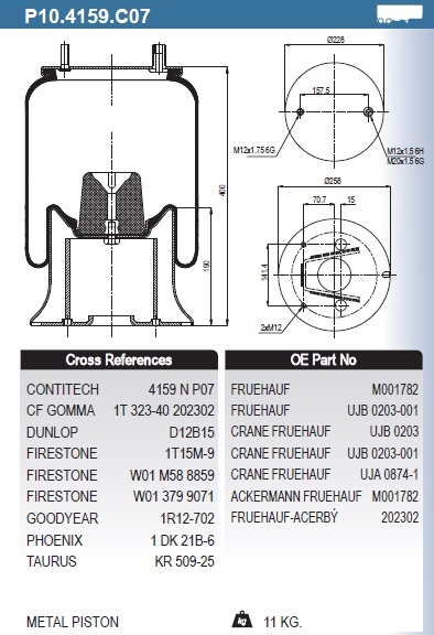 Пневморессора P10.4159.С07 (стальной стакан)