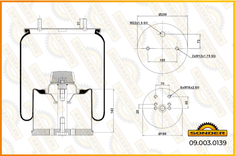 Пневморессора со cтаканом (пластик) 2 шп.+возд. / 6 отв. BPW 30K / Sonder 09.003.0193