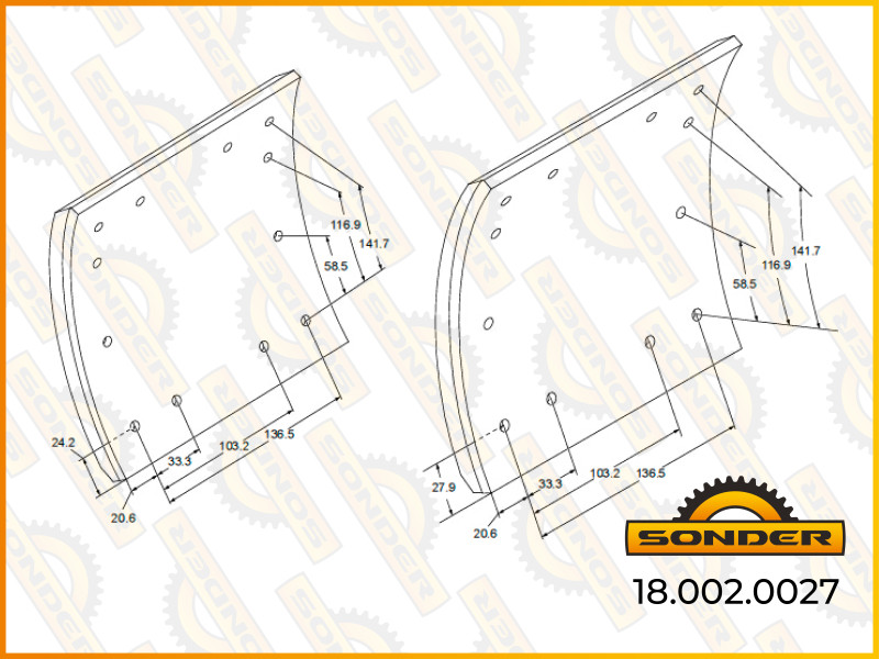 Накладки тормозные 19036 2 рем. Комплект из 8 накладок с заклёпками / Sonder 18.002.0027
