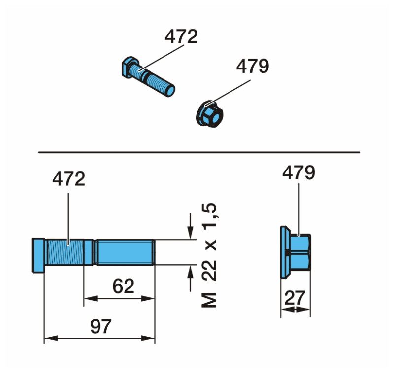 Болт M22x1,5/97x62 BPW (09.806.33.68.0) (спиральный болт с гайкой) / BPW®