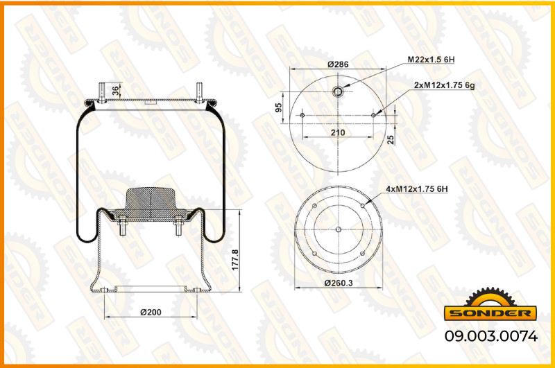Пневморессора P10.4023.C03 (стальной стакан) / Sonder 09.003.0074 @7200