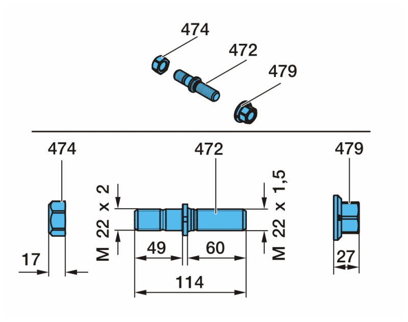 Шпилька М22х1,5/22х2,0/114x60x49 BPW (09.806.23.22.0) (комплект с гайками) / BPW®/4848