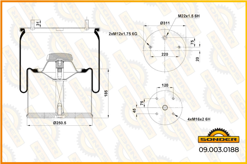 Пневморессора P10.725.C03 (стальной стакан) / Sonder 09.003.0188 @9290
