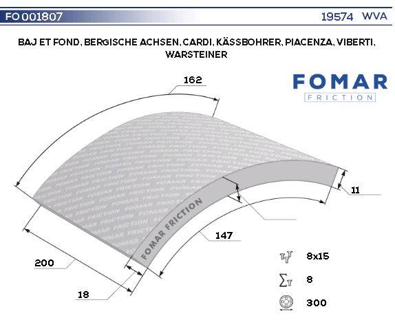 Накладки тормозные 300x200 BPW (0309214120) ROR (19574) / Fomar 65001807N00A8RV @4284