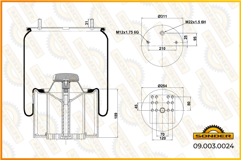 Пневморессора P10.881.C (стальной стакан) / Sonder 09.003.0024 @15755